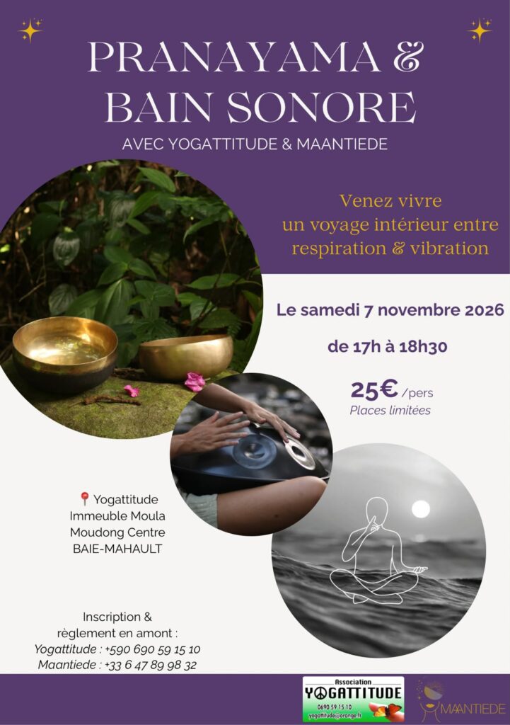 Affiche de l'atelier pranayama et bain sonore avec Yogattitude et Maantiede, le samedi 7 novembre 2026