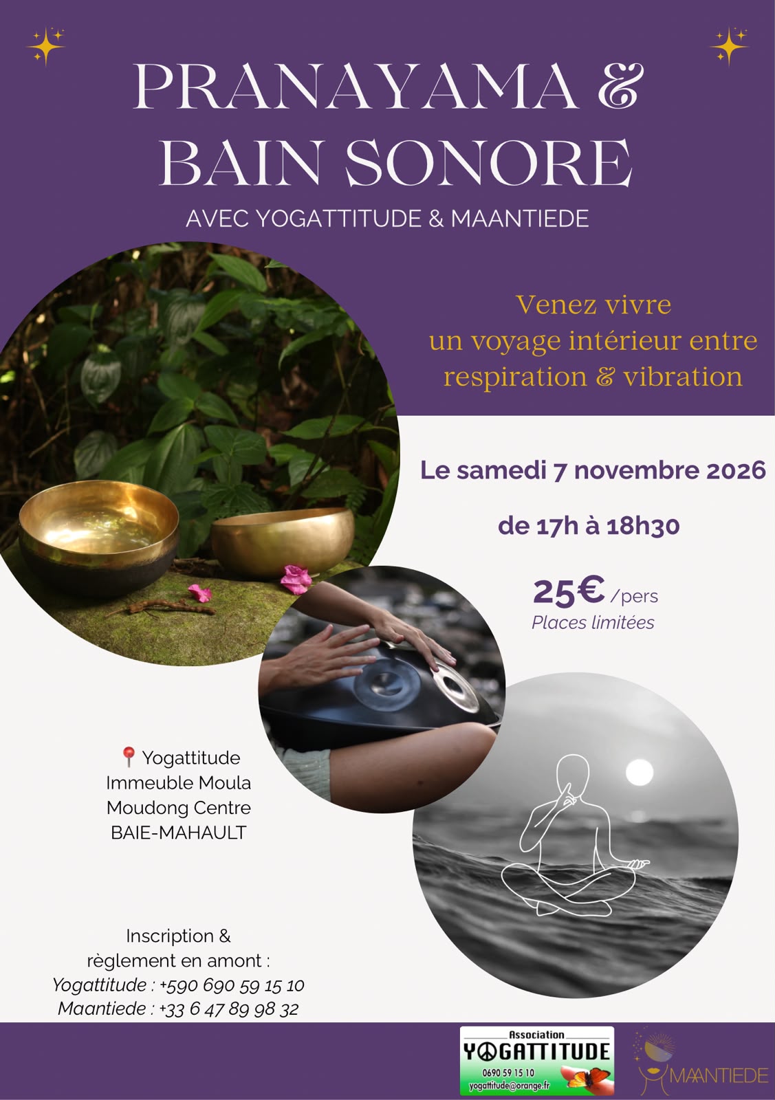 Affiche de l'atelier pranayama et bain sonore avec Yogattitude et Maantiede, le samedi 7 novembre 2026