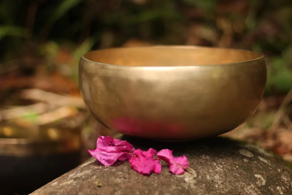 Bol chantant posé sur une pierre, avec des fleurs de bougainvillier