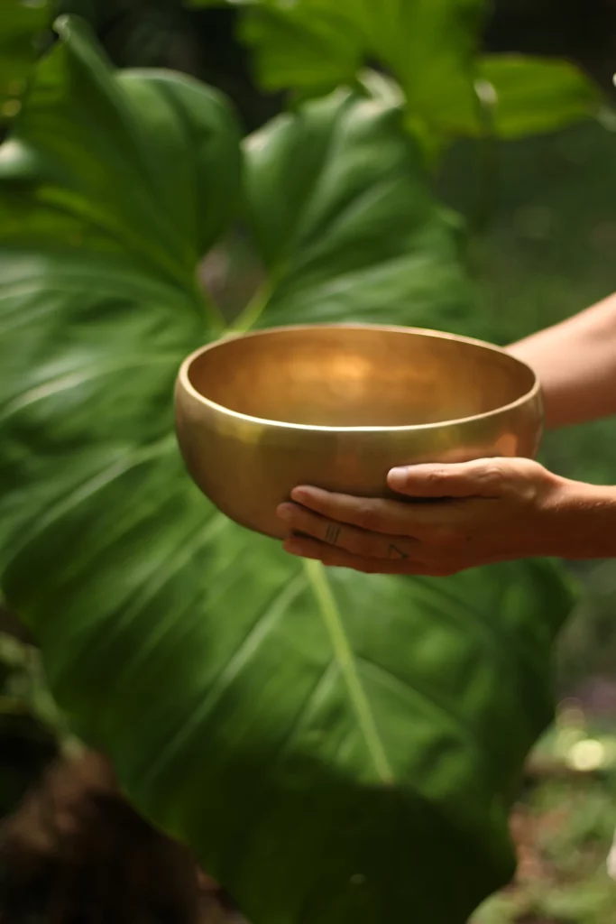 Bol chantant tenu dans les mains, devant une grande feuille